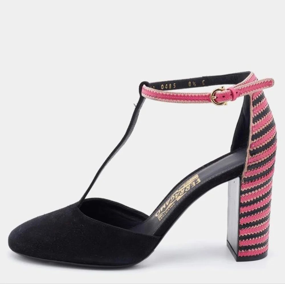 Salvatore Ferragamo Black/Pink Suede And Leather Fergie T-Strap Pumps - Picture 5 of 13